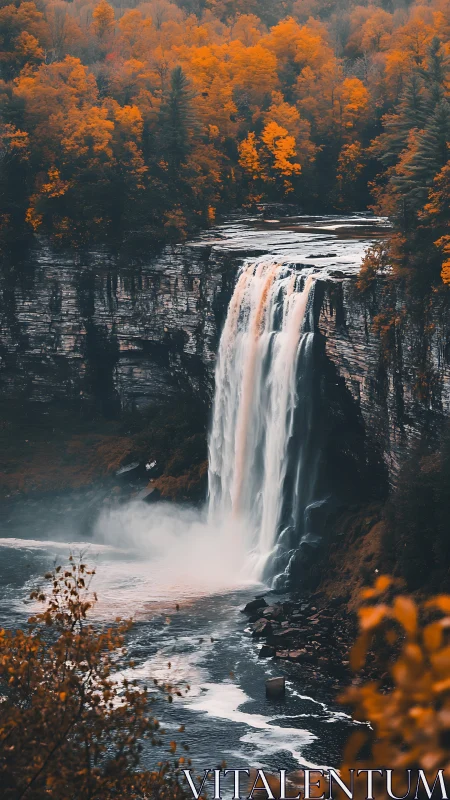 Towering autumn waterfall framed by golden forest cliffs.