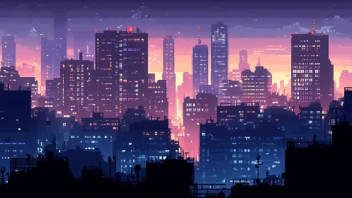 Pixel art city skyline at dusk with glowing windows.