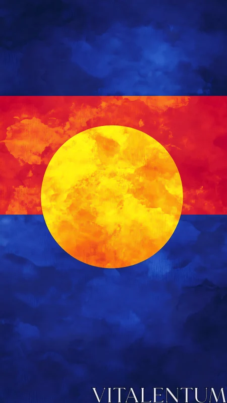 Bold abstract sun emblem glows against deep cosmic blues