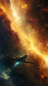 Starship drifting toward a glowing golden cosmic rift.