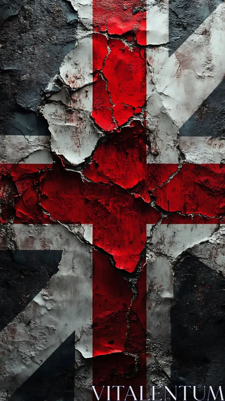 Corroded Union Jack cross with stratified peeling paint layers.