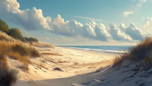 Sunlit coastal dunes open onto a calm, cloudlit shoreline