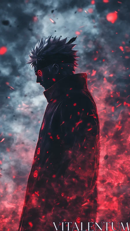 Volumetric silhouette of cursed warrior in red particle storm.