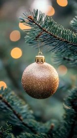 Gold Christmas bauble hangs on green fir tree branch.