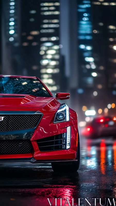 Red performance sedan with LED signature in wet neon city street