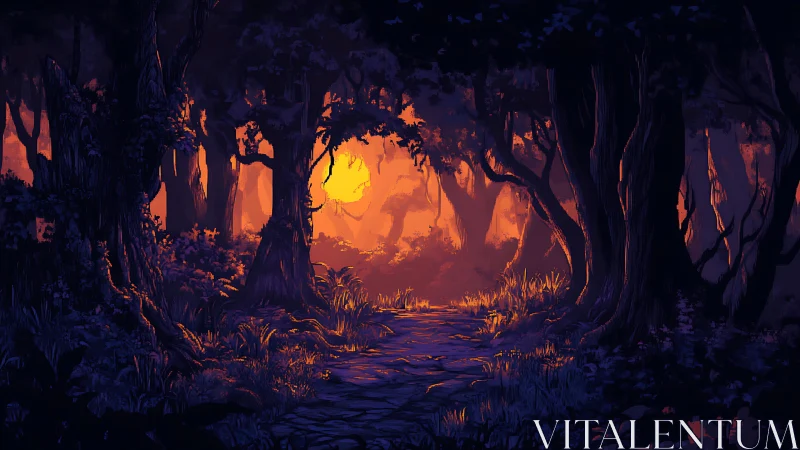 Luminous Twilight Forest: Silhouetted Arboreal Path with Warm Sunset Halo