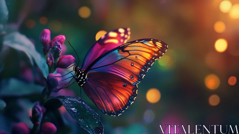 Iridescent butterfly rests on bud in glowing bokeh garden.
