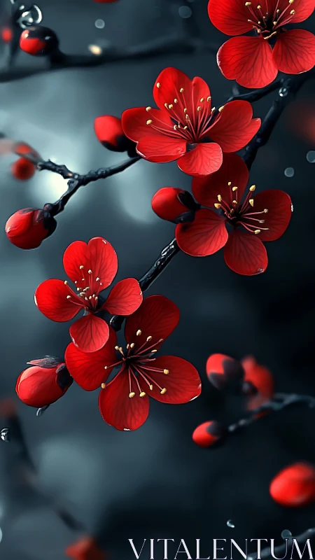 Crimson Blossom Cluster on Black Branch with Bokeh.