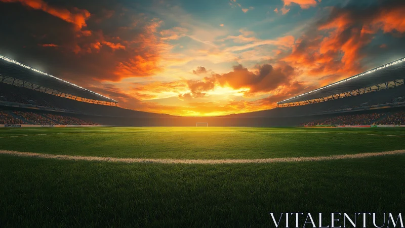 Sunset-lit football arena waiting for kickoff drama to ignite.