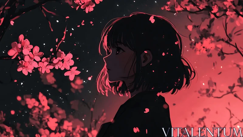 Night blossoms cradle a quiet girl in glowing crimson dusk