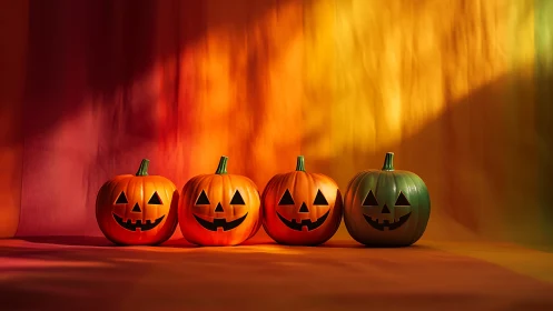 Four jack-o’-lantern pumpkins against warm gradient backdrop.