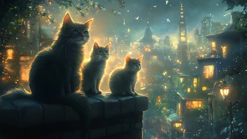 Cats Gazing at a Glowing City from Above.