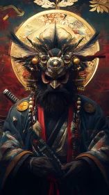 Crow masked shogun-priest beneath a burning golden halo.
