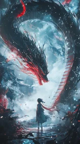 Lone figure confronting a fiery spectral dragon swirl.