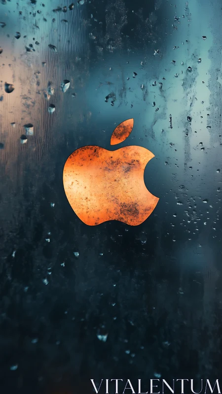 Orange Apple Logo Glowing Through Rainy Darkness