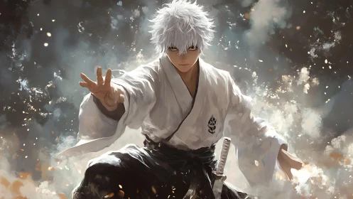 Calm white‑haired swordsman poised in swirling light.