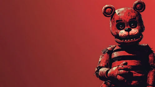 Distressed red animatronic bear posed against red backdrop