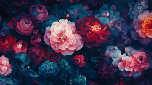 Velvet Peonies Against Midnight: Botanical Depth.