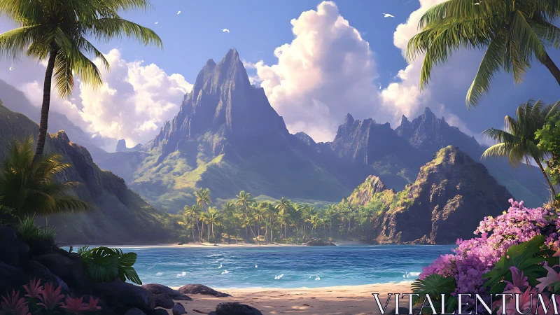 Tropical Mountain Valley with Dramatic Peaks and Coastal Paradise