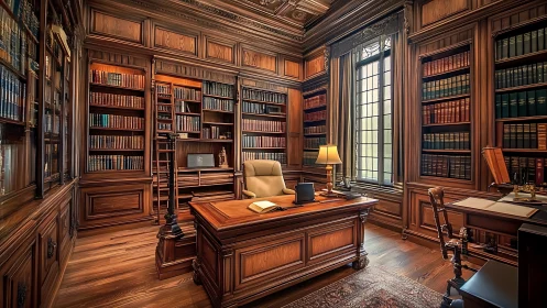 Photorealistic mahogany private study with floor‑to‑ceiling library