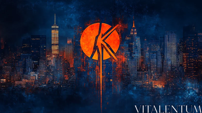 Urban skyline overlaid with central orange circular emblem