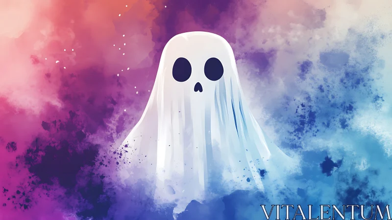 Gentle cartoon ghost drifting through dreamy misty colors.