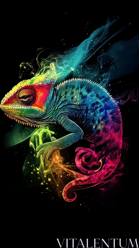 Neon chameleon radiates swirling rainbow smoke on black.