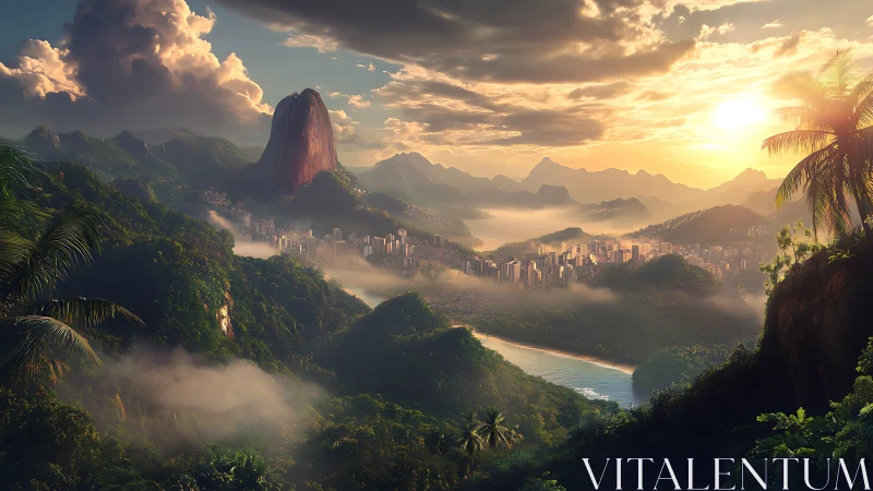 Digital painting panorama of tropical city and misted mountains.