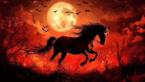 Midnight stallion races through fiery moonlit forest scene.