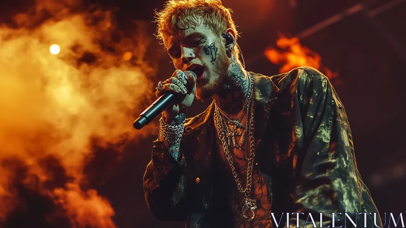 Tattooed vocalist under amber stage haze with dramatic backlight