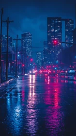 Cyberpunk night cityscape with neon-lit wet arterial street.