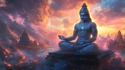 Colossal blue deity meditates above luminous temple clouds