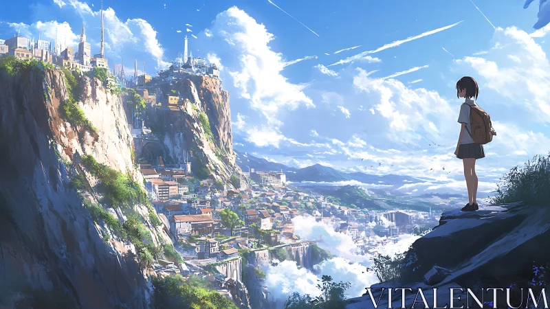 Girl overlooks a vast cliffside city above the clouds.