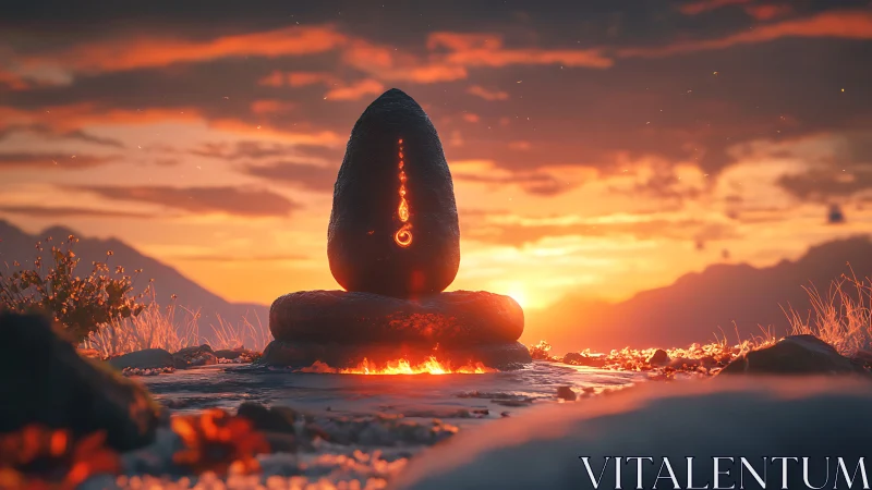 Glowing stone altar resting in a warm, ember kissed sunset.