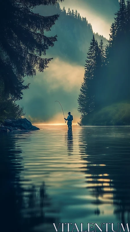 Silhouette of lone angler standing in misty forest river.