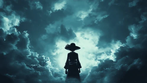 Silhouetted wanderer framed by stormlit cyan cloud vortex.