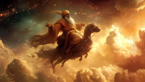 Golden sky rider drifts peacefully through glowing clouds
