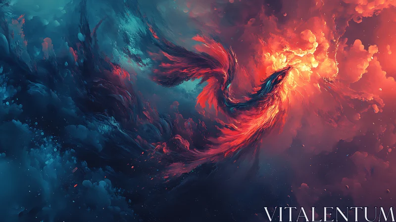 Bifurcated fiery phoenix silhouette emerges from nebular clouds