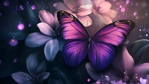 Vibrant purple butterfly glows softly amid dreamy floral haze