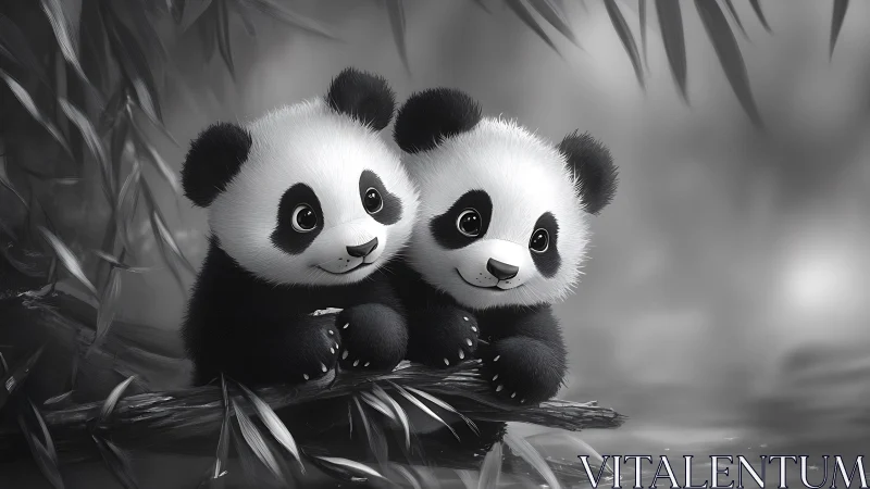 Playful panda cub duo rest together above calm water.