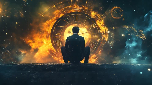 Solitary figure before luminous cosmic clock portal scene.