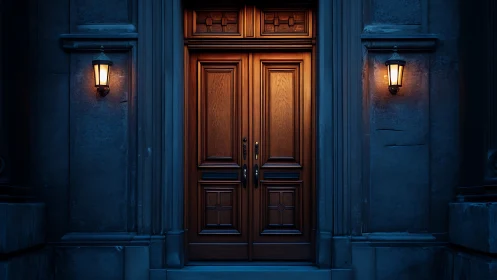 Warm wooden entry door framed by cool stone facade.
