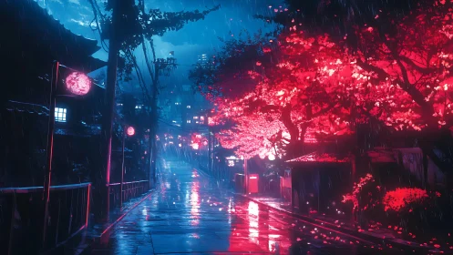Neon cherry blossoms glow over rainy night city street