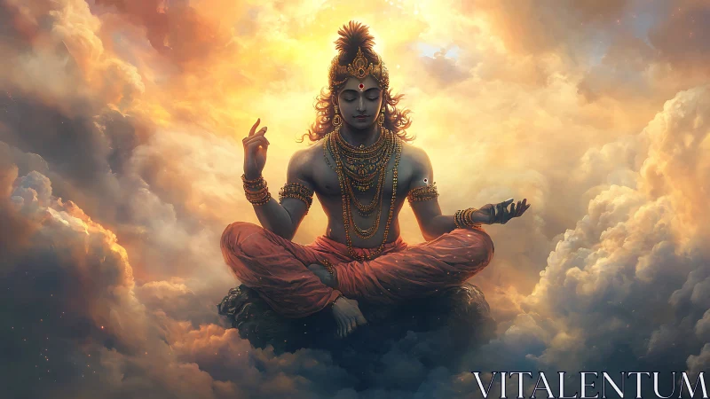 Serene celestial yogi meditating softly among glowing clouds.