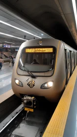 Modern metro train at underground platform, front view.