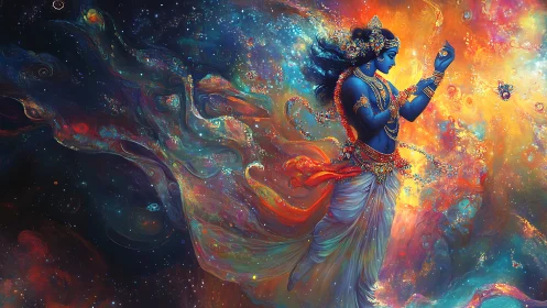 Cosmic blue deity traversing nebular fluid dynamics field.