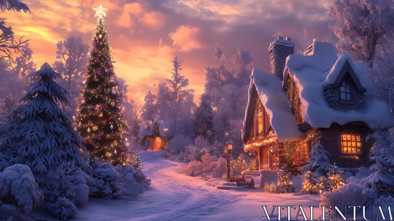 Snowy cottage and Christmas tree under warm sunset glow.