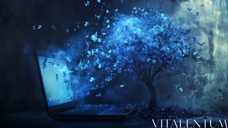 Glowing blue tree emerging from open laptop at night.