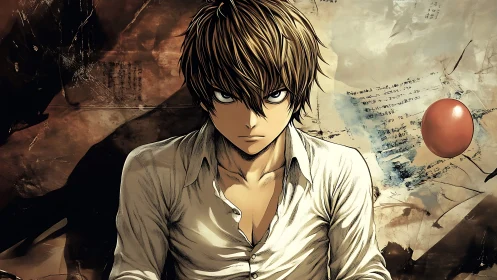 Brooding anime strategist amid swirling sepia secrets.