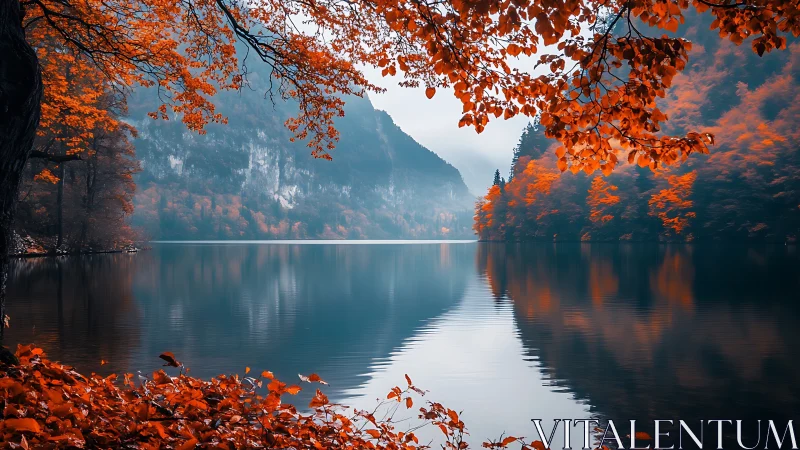 Crimson leaves lean over a glassy mountain lake in hush